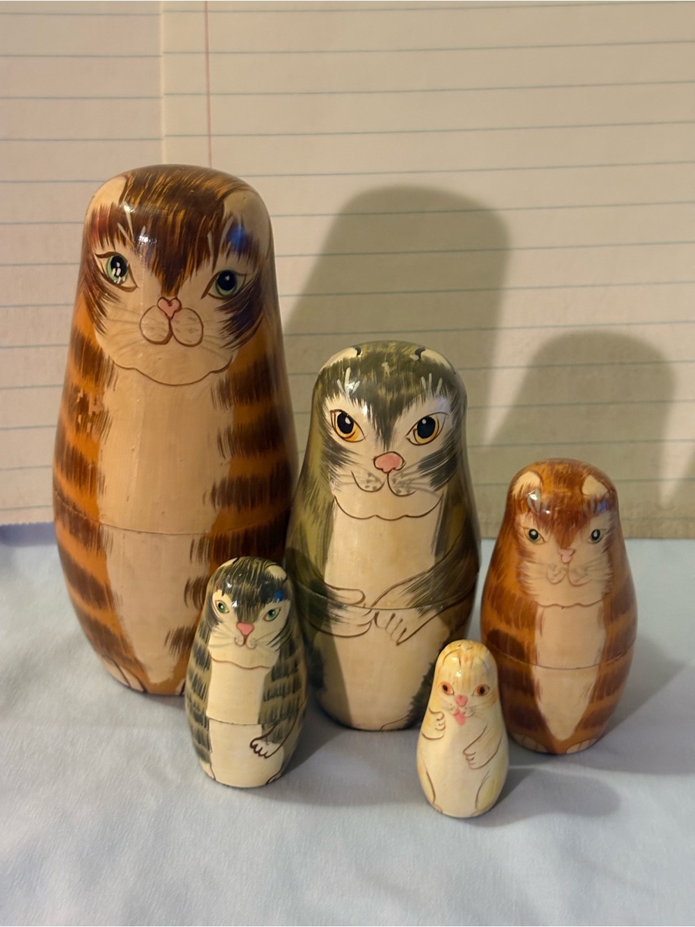 Vintage Matryoshka Hand Painted Tabby Cat Kitty Wood Russian Nesting Dolls Set 5